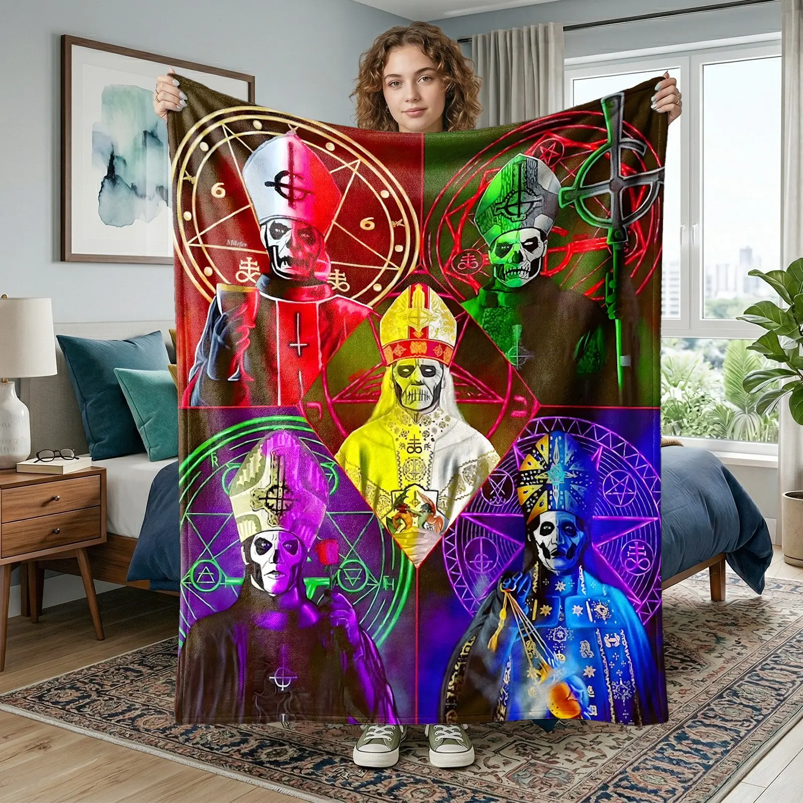 1pc Dark Rock Ghost Pope Fleece Blanket, Five-Color Demon Symbol Skull Pope Print, Soft Warm Nap Throw For Sofa, Bed, Office, Camping Trip, Perfect Christmas Gift