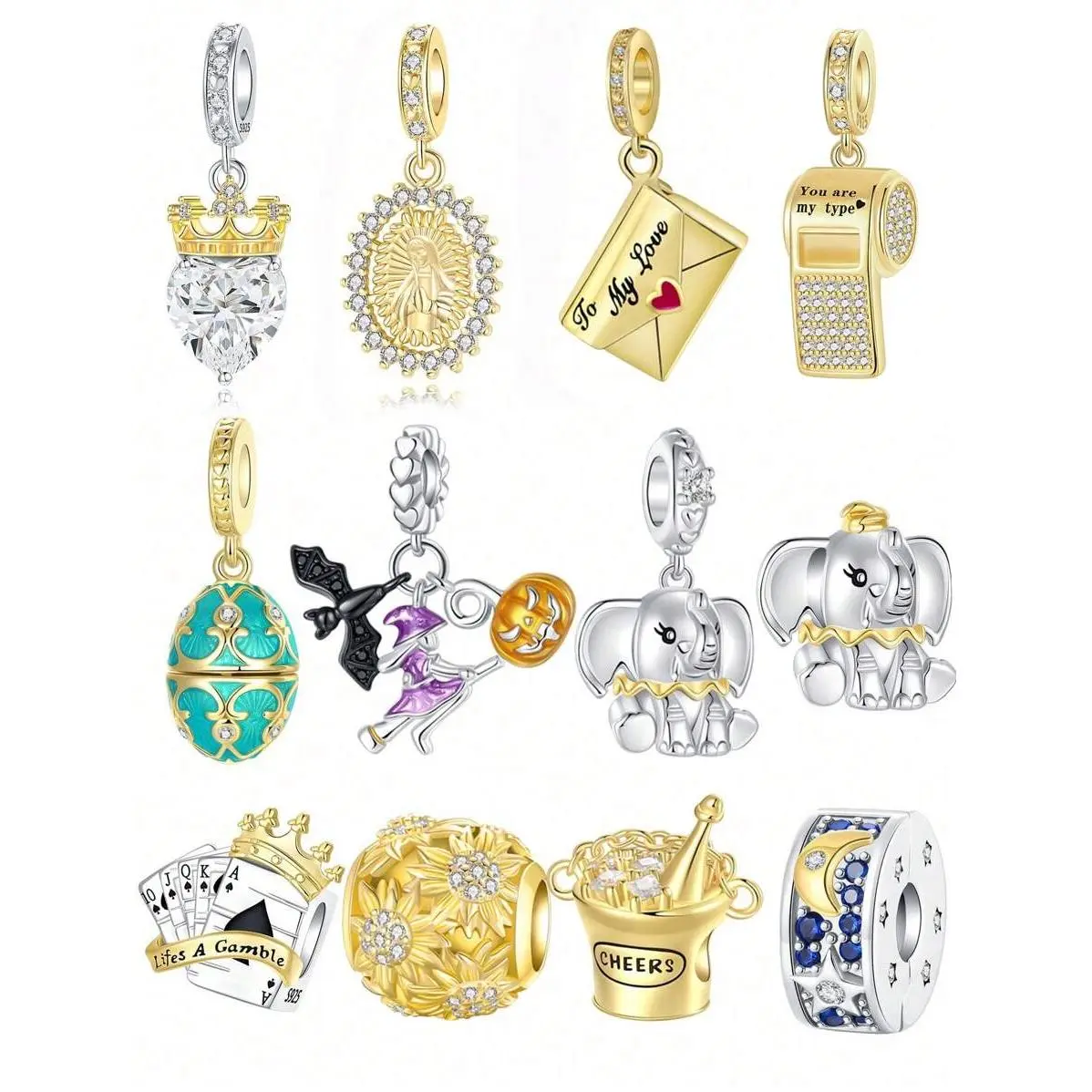 Women's Metal Coating Pendant Charms - Silver-Plated Crown Charm, Elephant Motif, Crescent Moon, Golden Series - For Female Wear DIY Bracelet Fashion Accessories
