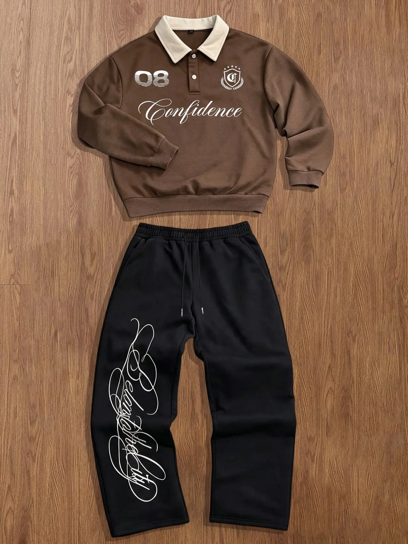 Vintage Contrast Collar Polo Sweatshirt 2‑Piece Set 🔥 Letter Print Wide Leg Pants | underwear for men matching outfit