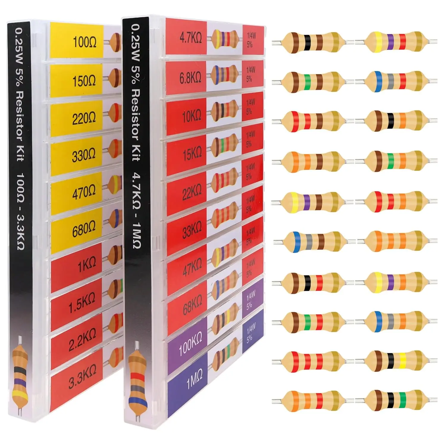 100 Ohm - 1M Ohm with 5% Carbon Resistor  Kit and Electrical Industrial  Set K Ohm Pack for Led Lights (5% 1/4 Watt 1000 count 100Ω-1MΩ)