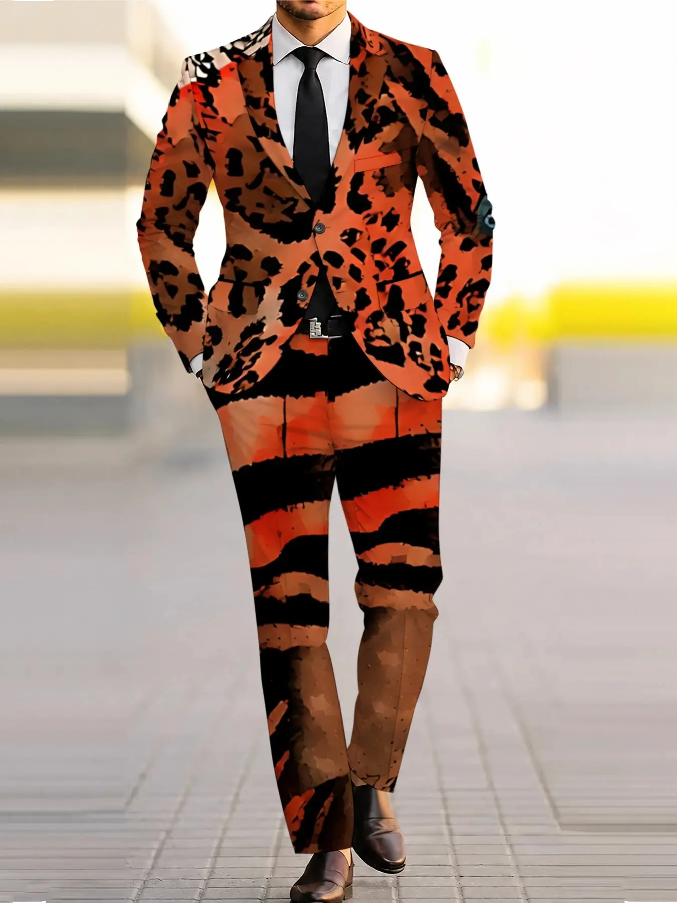 Trendy Animal Print Blazer Set, Long Sleeve Slim Fit, Casual Fall Winter, Bold Tiger Leopard Pattern, Men's Fashion Suit