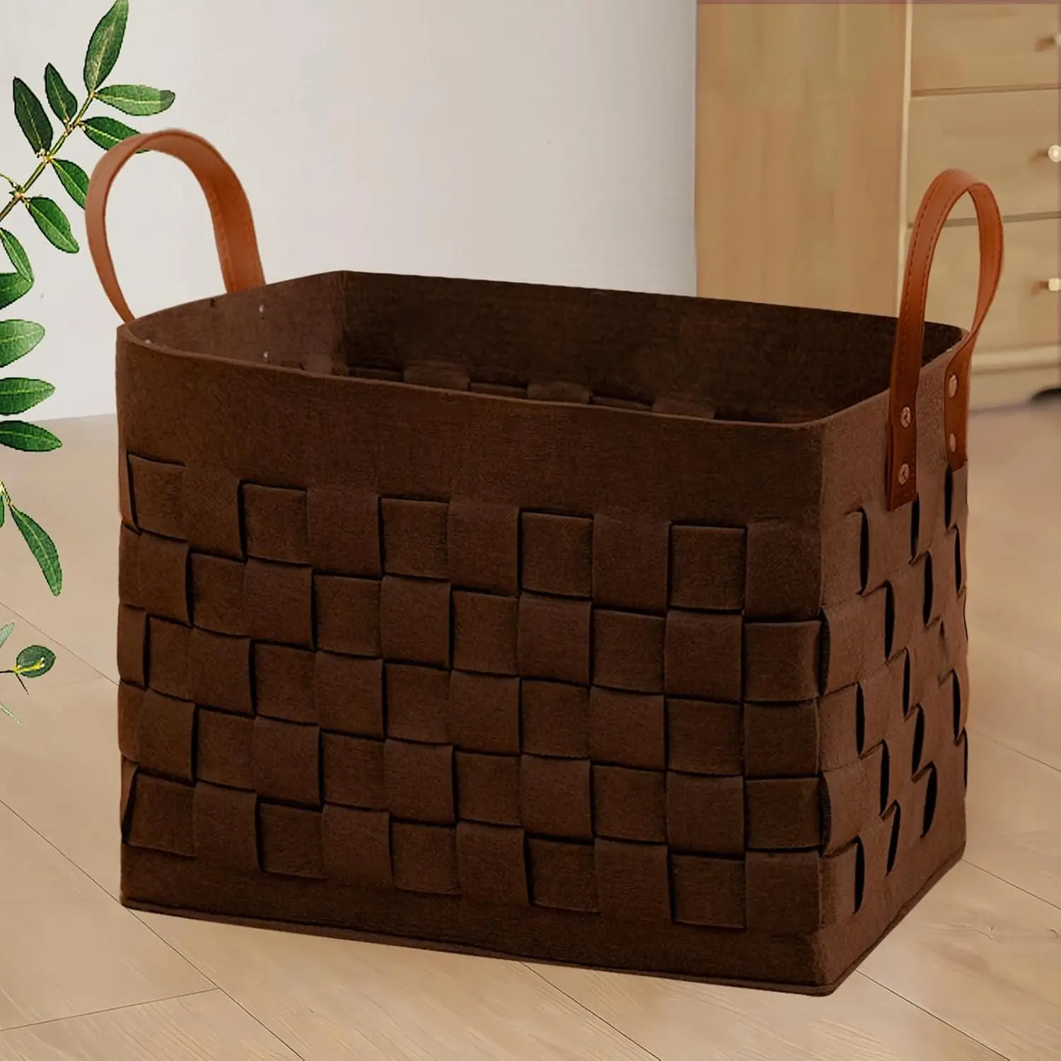Large Rectangular Felt Laundry Basket with Leather Handles, 16.5" x 13" x 13" - Durable Blanket Hamper for Baby, Pets & Living Room, Brown(Gift)
