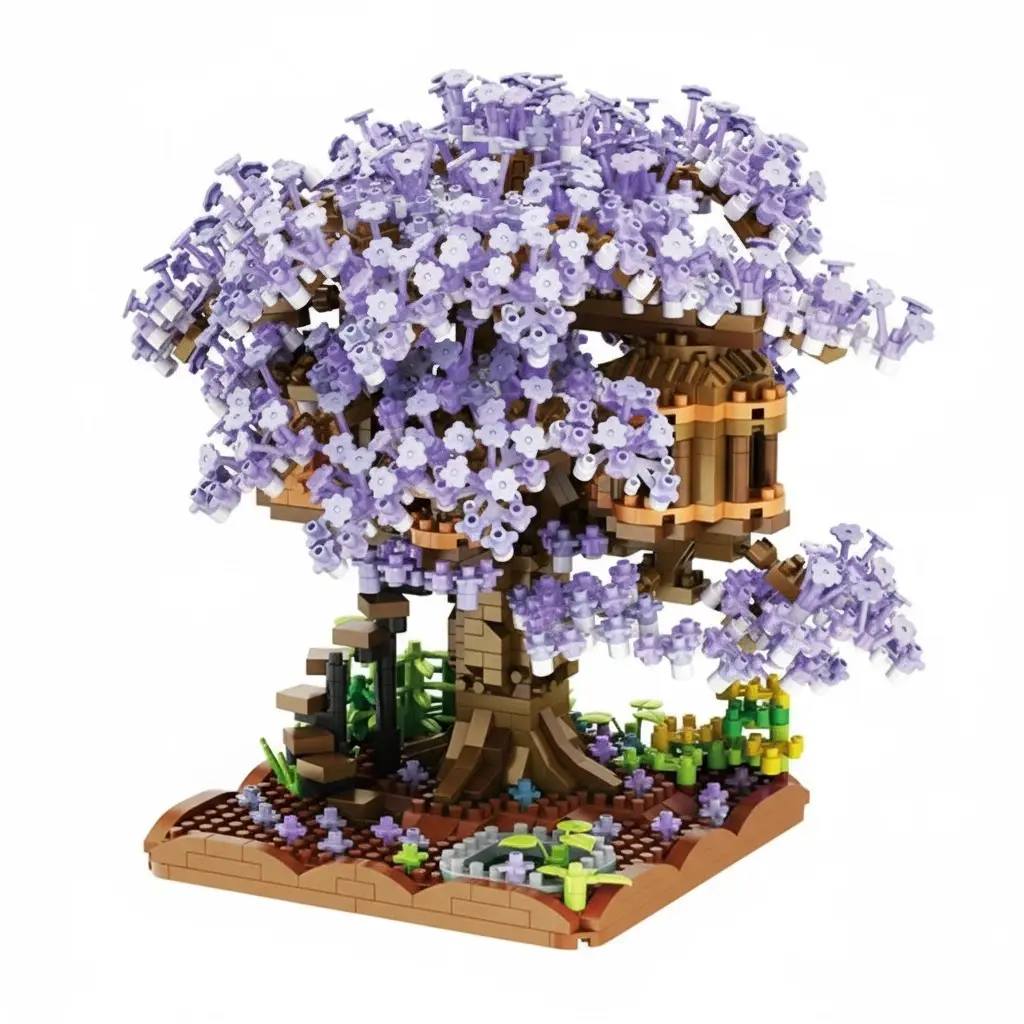 Flower Tree House Scene Building Kit, Natural Branch Forks, Durable Particle Lock, Night Light Setup, Seasonal Forest Sandbox