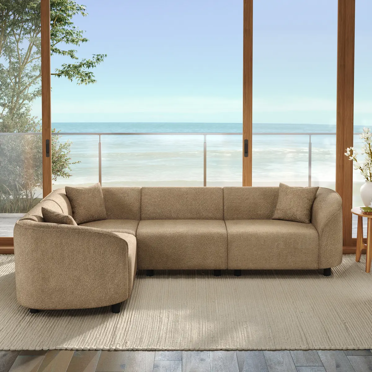 AobtkelChristopher Knight Home® 104" L-Shaped Curved Contemporary Sectional Sofa in Camel: Plush 4-Seater, Sculptural Design & Premium Bouclé Upholstery – Modern Luxury for Spacious Living