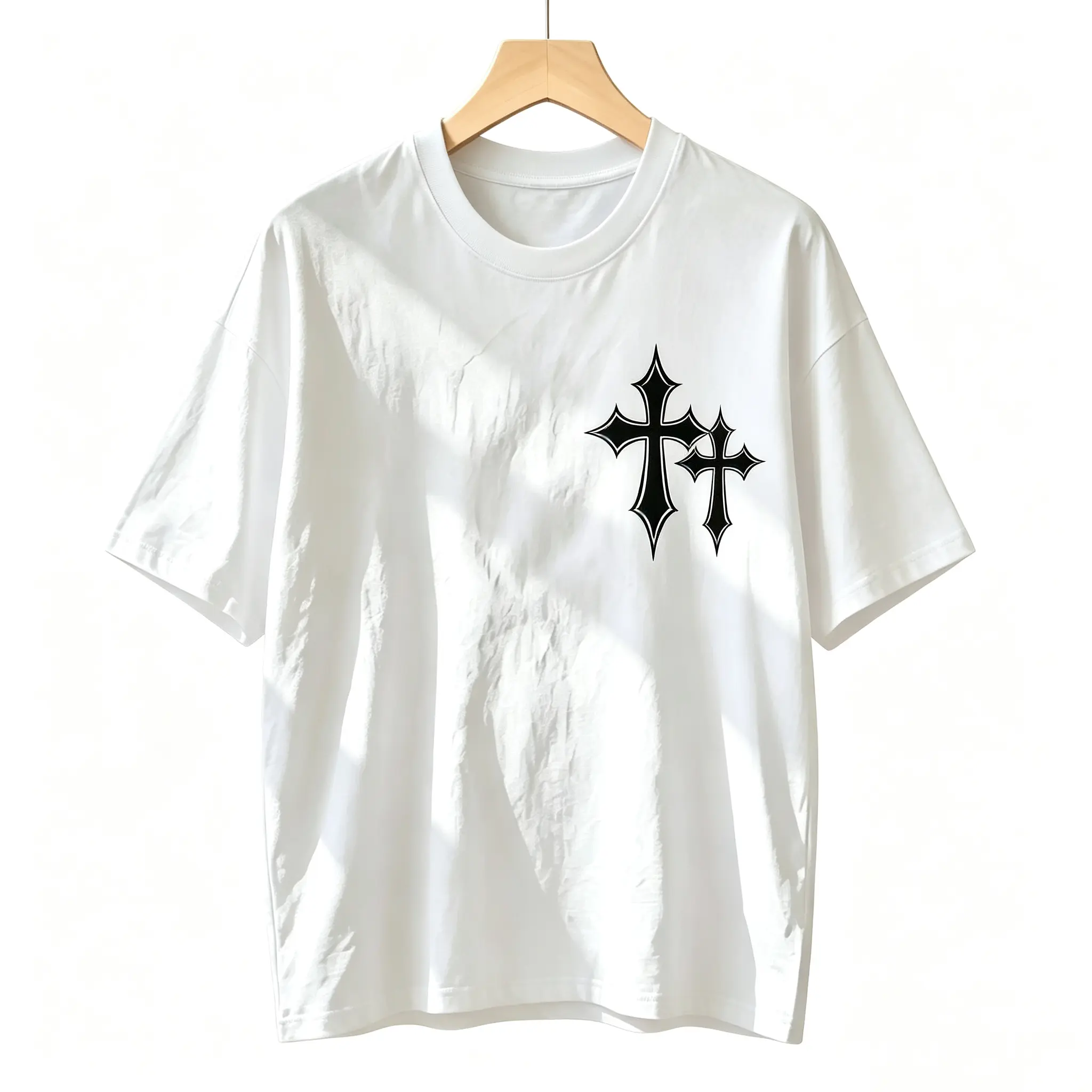 Unisex black relaxed cotton T-shirt with double gothic cross print, casual short-sleeve shirt for warm seasons.