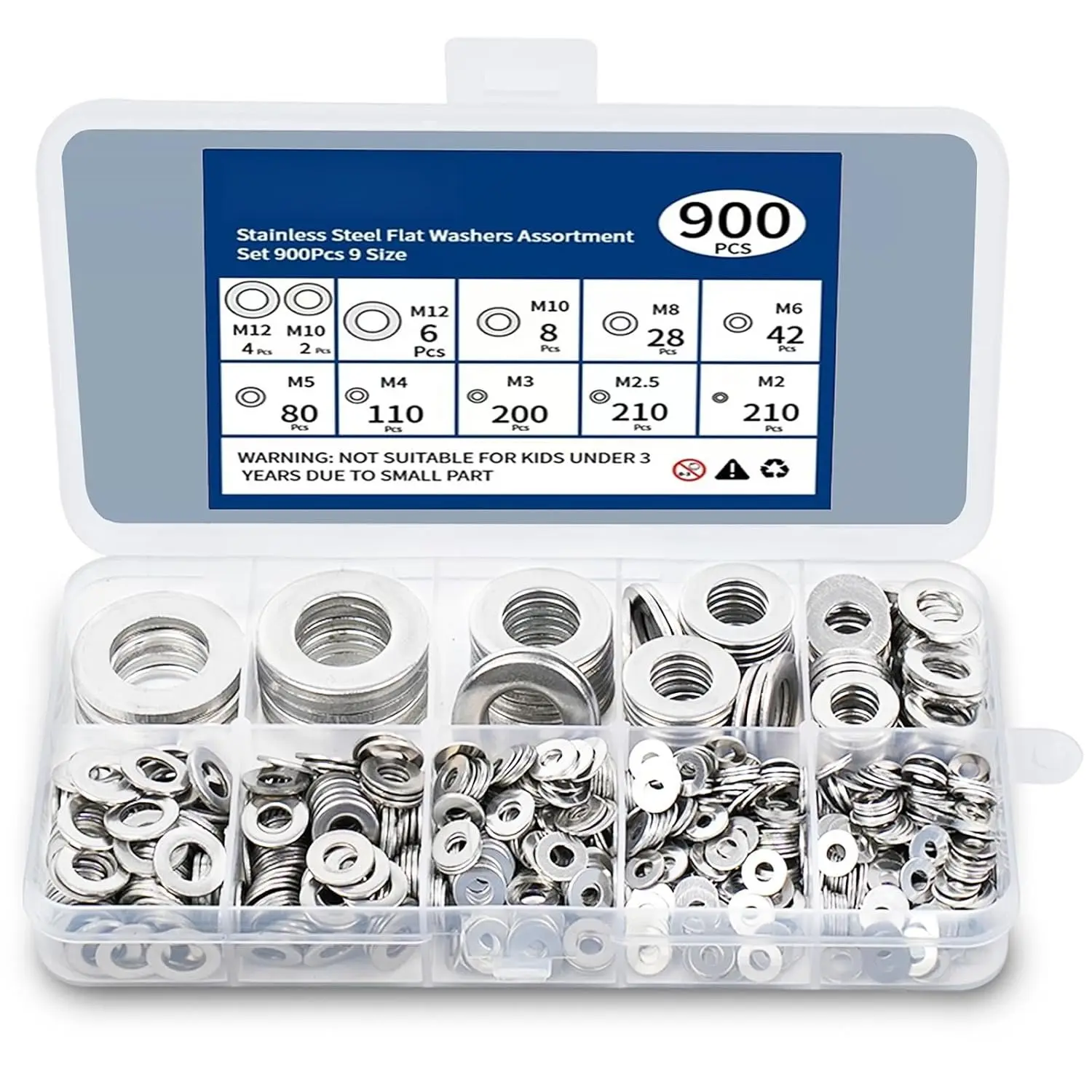 900 count Stainless Steel Flat Washers for Screws, 304 Stainless Steel,  Sizes (M2 M2.5 M3 M4 M5 M6 M8 M10 M12) for Industrial Use, Washers for
