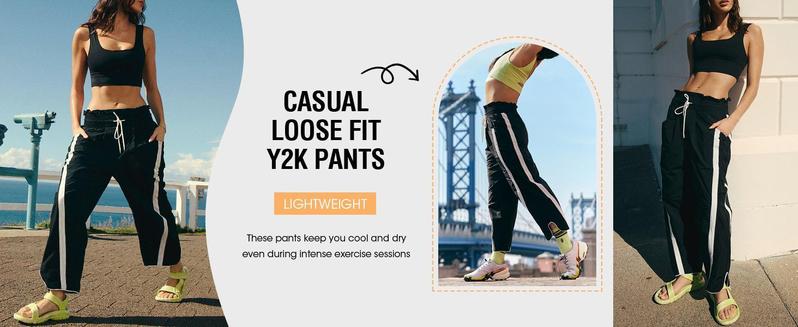 Women's Baggy Wide Leg High Rise Elastic Waist Workout Parachute Pants Beige Wideleg Casual Drawstring Y2K Track Bottom