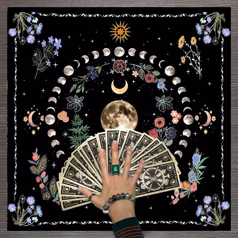 Ramadan Decorations Moon & Flower Pattern Tablecloth for Home Decor, Picnic Table Cover, 1 Count Eid Mubarak Decor Square Tarot Tablecloths, Kitchen Accessories Card Pad, Dressers Desktop Decorations, Moon Phases, Floral Designs