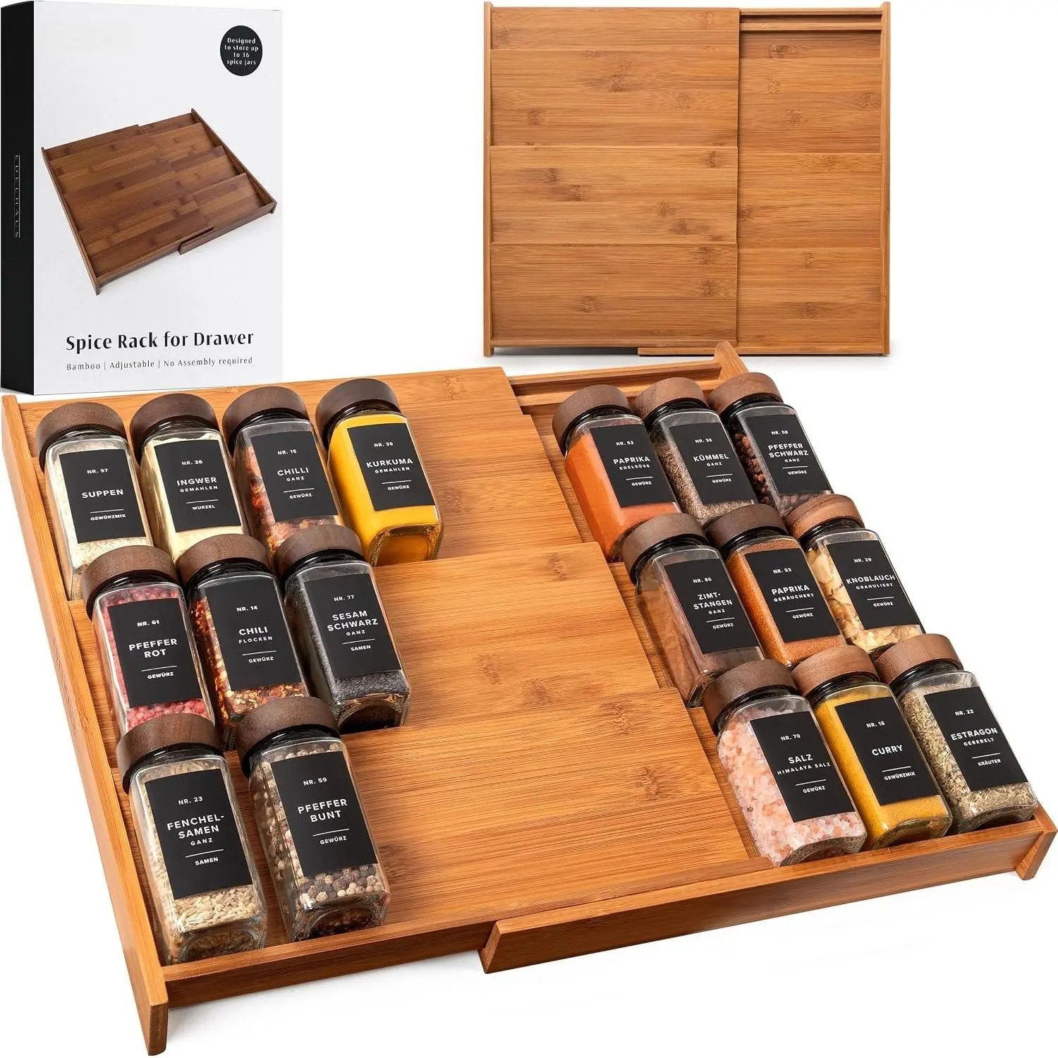 Drawer Organizer - Expandable  Rack for Drawer, Black Seasoning Organizer for Drawer  Organizer,  Organization Seasoning rack insert for Cabinet (Jars Not Included)