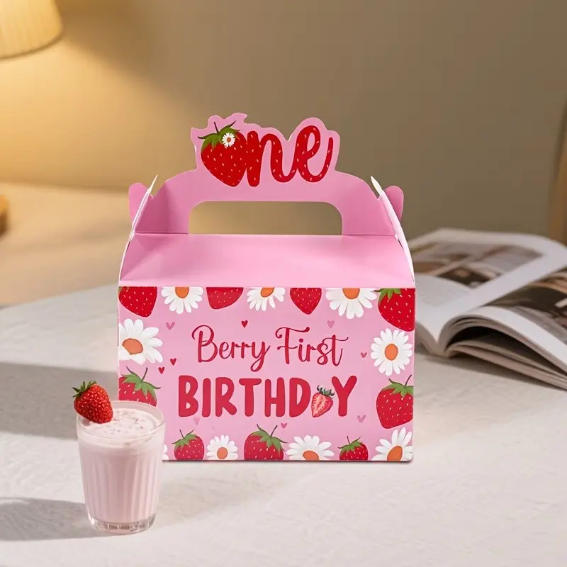 4pcs Strawberry Theme Handheld Gift Box, Baby Shower Party Favor Box, Cute Strawberries Print Candy Box, Thick Paper Snack Chocolate Storage Box, Beautiful Gift Box
