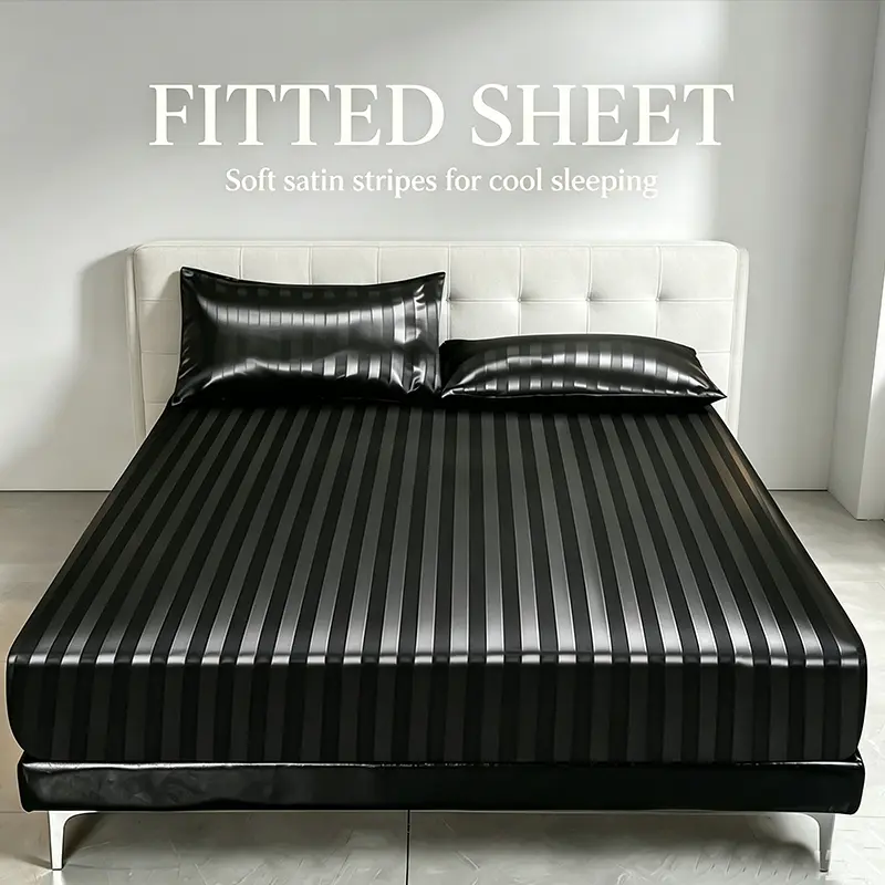 Hotel Style Shiny Satin Striped Fitted Sheet, Ultra Soft Cool Silky Fabric Deep Pocket Mattress Liner, Coordinating Pillow Covers for Family Bedroom and Short Rental Room Decoration