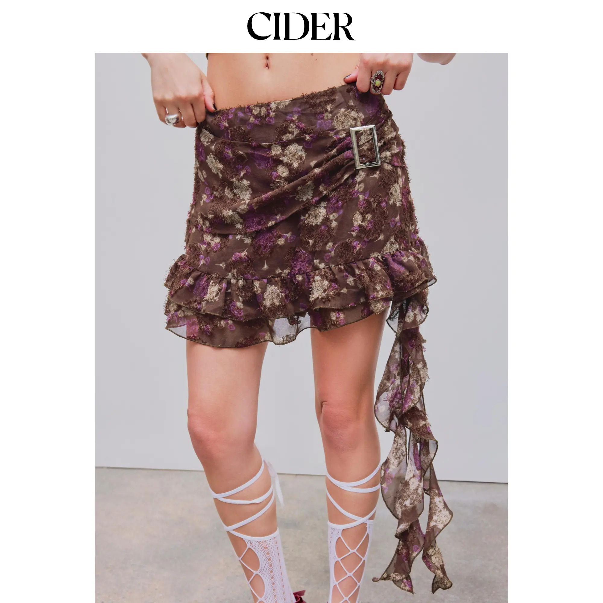 Cider [size 2-10] Chiffon Floral Ruffle Buckle Mini Skort