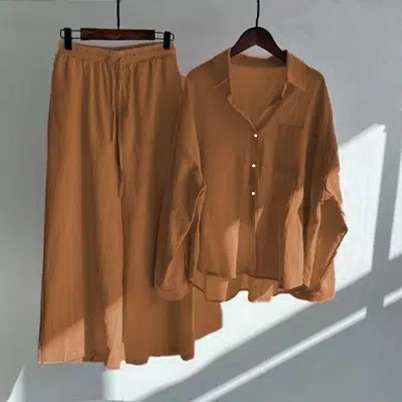 Ms. Xun's 2-piece Retro Plus Size 2026 Cotton Linen Shirt Set with High-waisted Loose Trousers