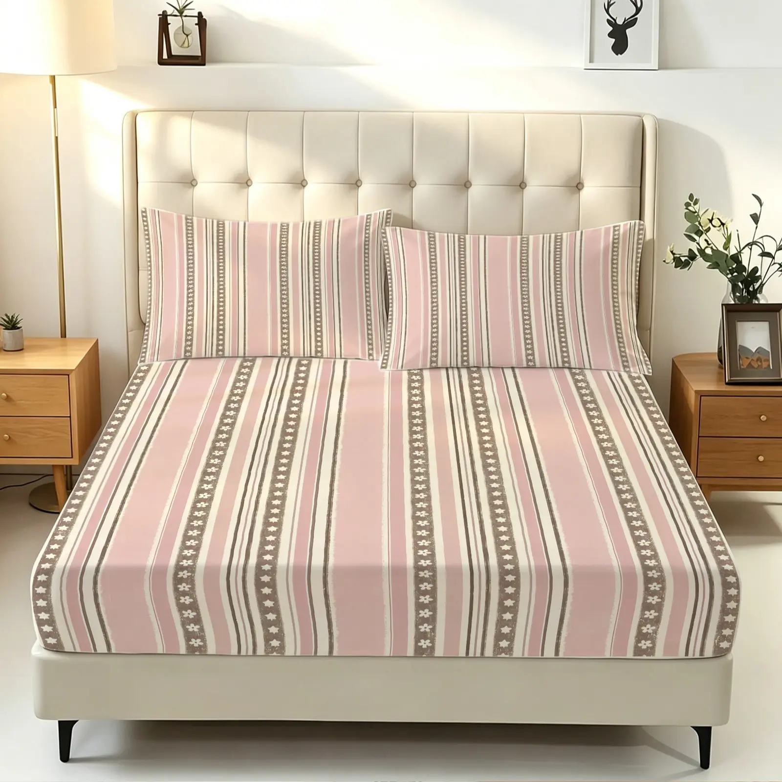 3Pcs Pastel Vertical Stripe Digital Print Fitted Sheet Set, Soft No Fillers Bed Sheet Set, Boho Striped Sheets Bedding Set with 2 Pillowcases, Elastic Deep Pocket Wrinkle Resistant Decor Bed Cover for Bedroom Dorm Apartment Farmhouse Home Decor