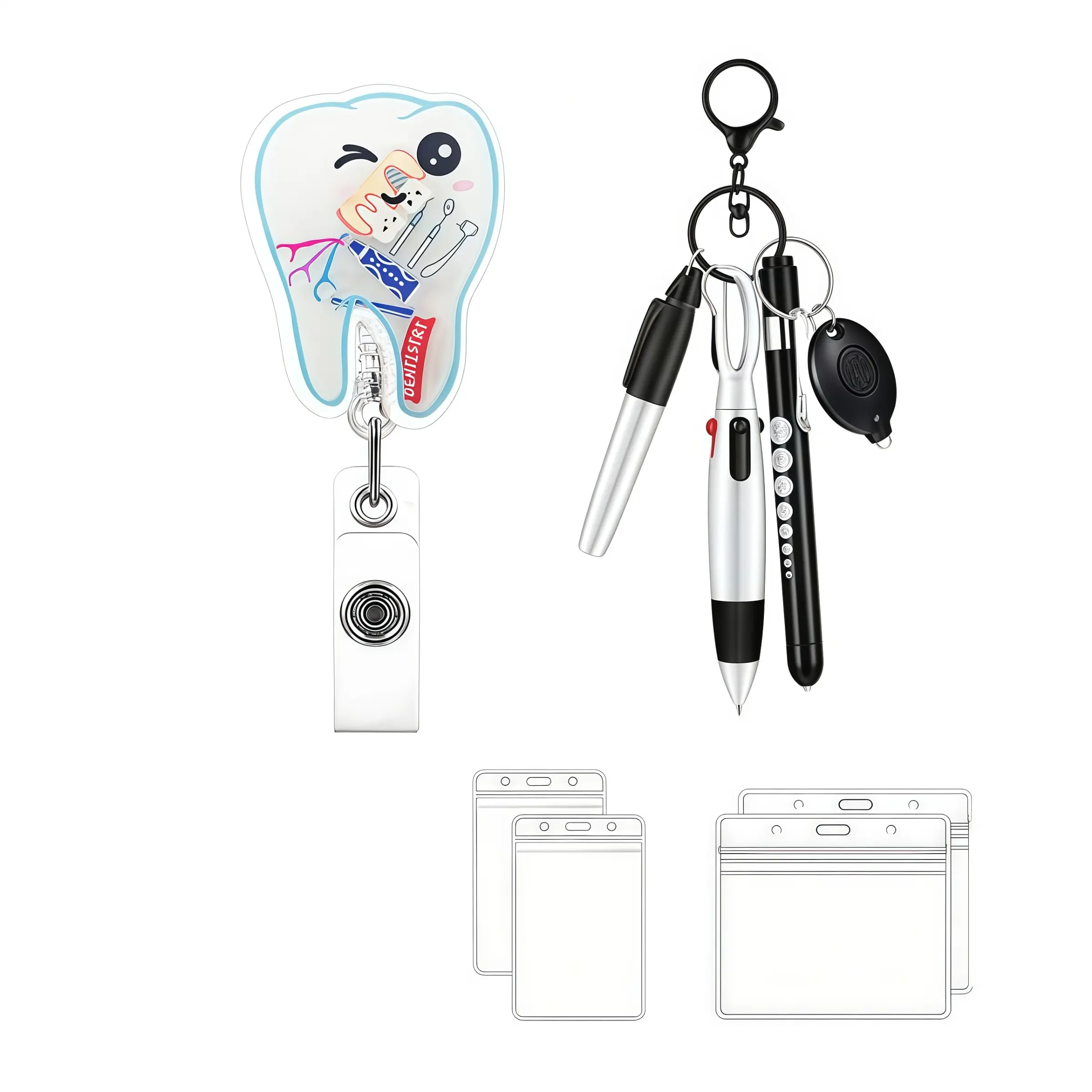 Dentist Badge Scroll Set, Cute Tooth Design Adjustable Badge Clip, Includes Pen, LED Keychain, Waterproof ID Card Case, for Dental Hygienists and Assistants
