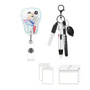 Dentist Badge Scroll Set, Cute Tooth Design Adjustable Badge Clip, Includes Pen, LED Keychain, Waterproof ID Card Case, for Dental Hygienists and Assistants