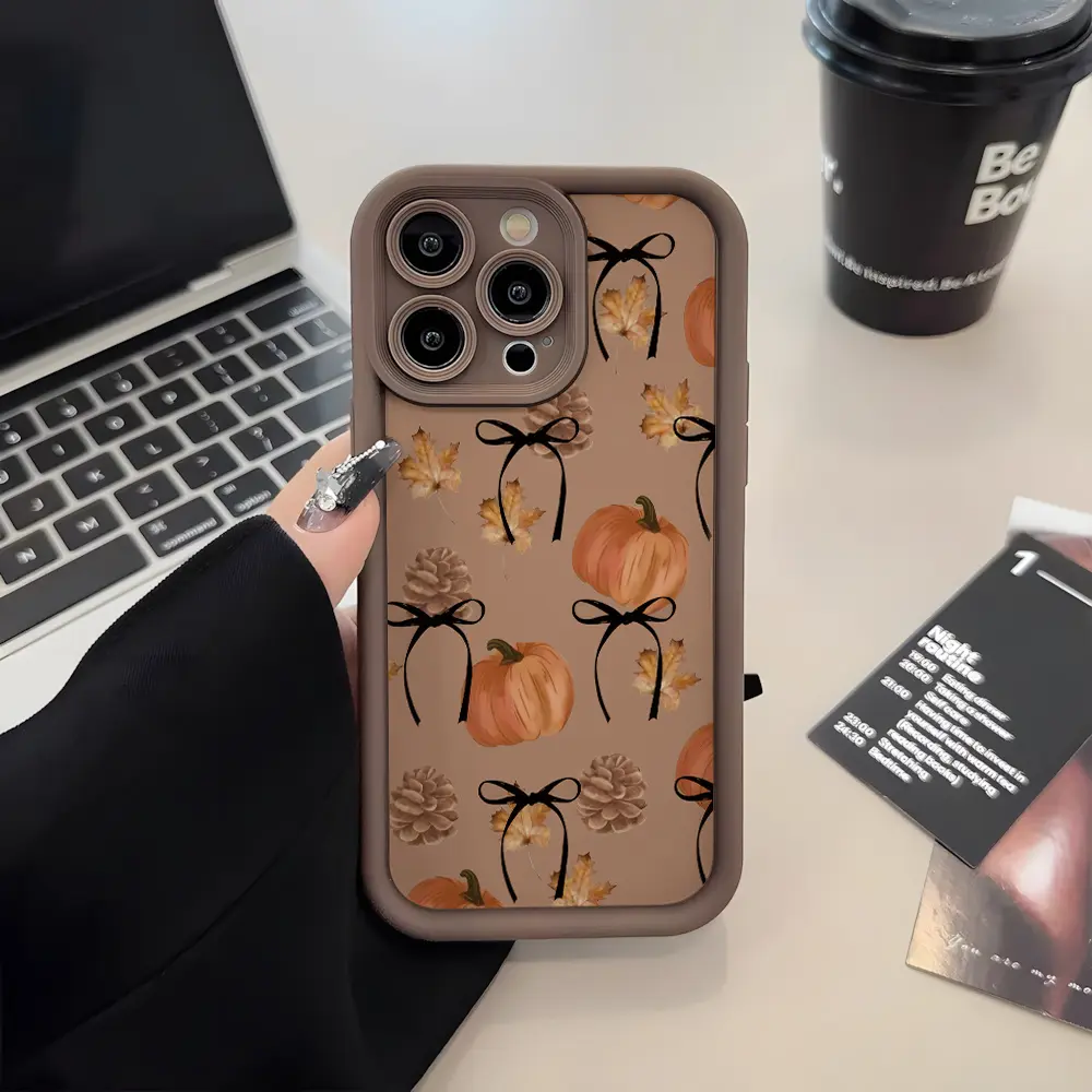 Phone case: Fall Autumn Pumpkin Pinecones Bow Pattern Phone Case, All-inclusive Shockproof Trendy Mobile Phone Case for iPhone 17/16e/16/15/14/13/12/11/8/7 Pro/Pro Max/Plus/X/XS/XR/XS MAX, Lens Protection, Protective Phone Cover, Gifts