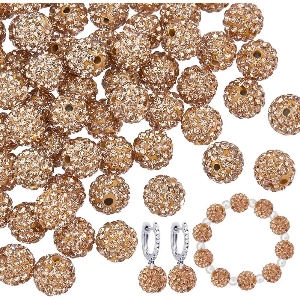 100 count 10mm Brown Rhinestone Beads Brown Clay Beads Polymer  Bead Clay Pave Disco Ball Round  Sparkle Bead for Necklace Bracelet  Making Party Decoration