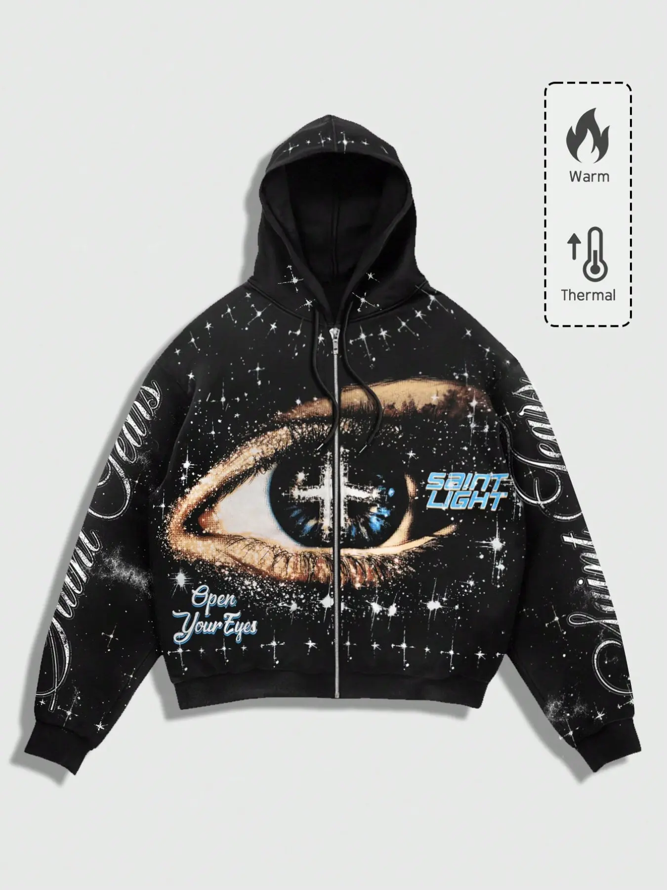 American Galaxy Star Cross Print Hooded Zipper Jacket, Retro Gothic Stars Full Print Short Warm Hoodie, Dark High Street Couple Fall Winter Sweatshirt
