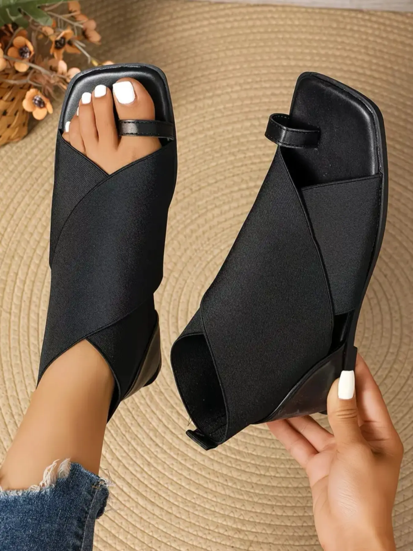 2026 Square Toe Cross Strap Elastic Fabric High Top Sandals, Adjustable Anklet Flat Women's Shoes, Versatile Summer Footwear