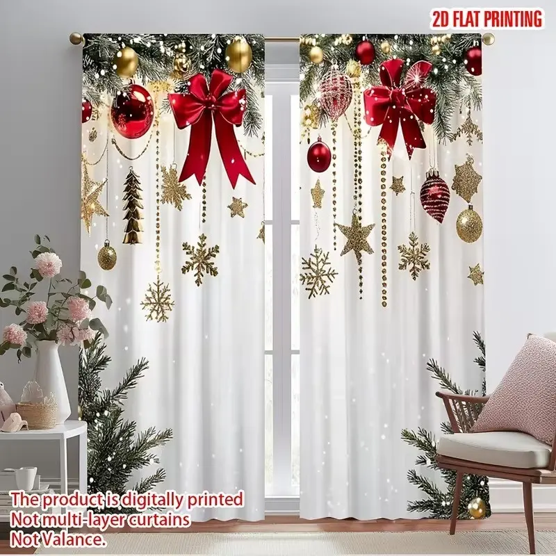 2D flat 2-piece set Merry Christmas curtains with red bowknot, durable 100% polyester semi-opaque fabric, perfect for party and festival decorations, ideal for photo booths and events