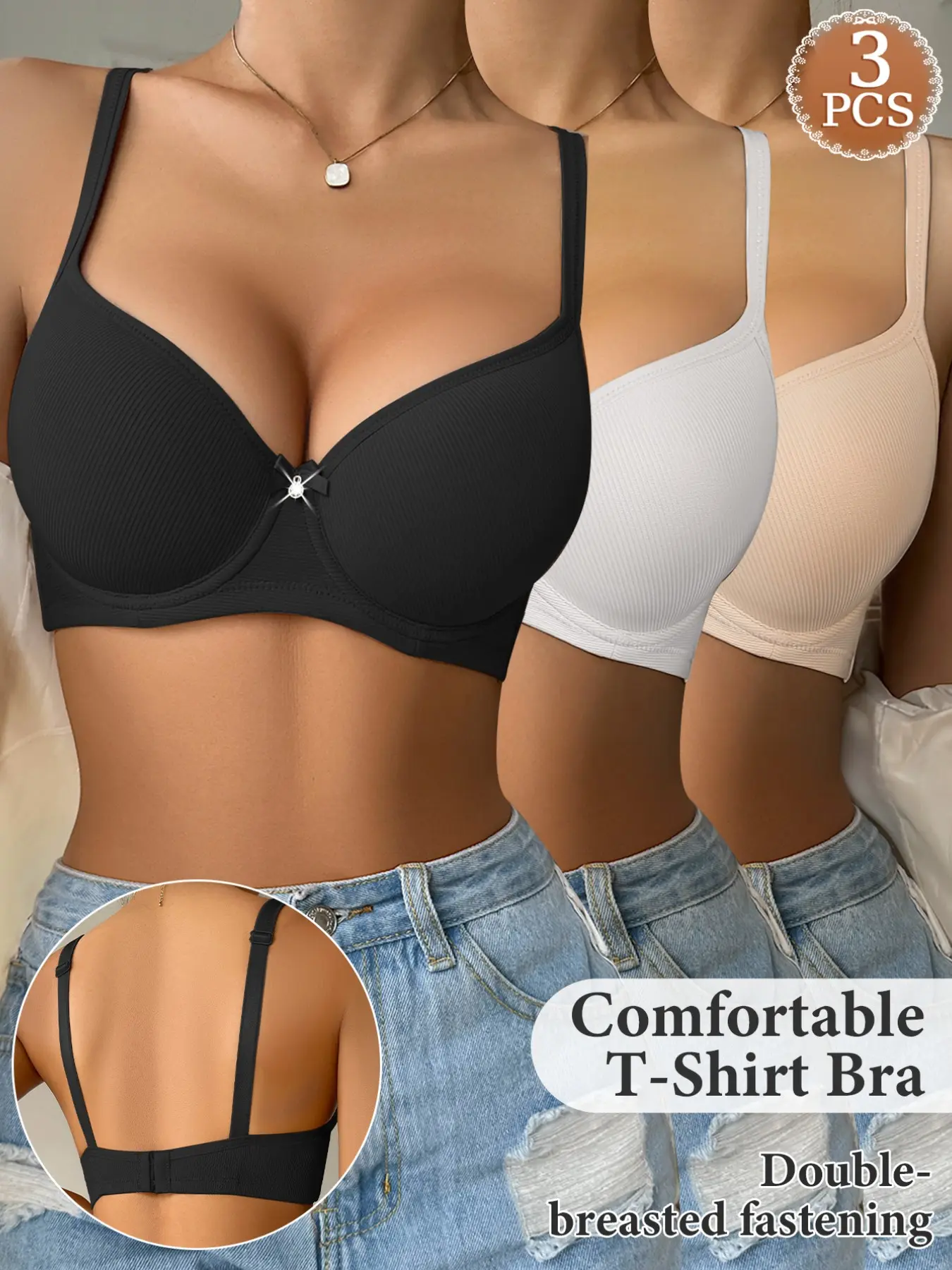 Women's Seamless Elegant T-Shirt Bra, Underwire Push Up Bra with Rhinestone Detail, Ribbed Lightweight Everyday Bra, Soft Comfortable Invisible Bra for Daily Wear