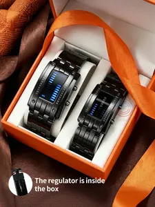 Couple Cool Binary Stainless Steel LED Watch, Bracelet Watch Fashion Blue Light Sports Watch, Vacuum Plated, Digital Watch
