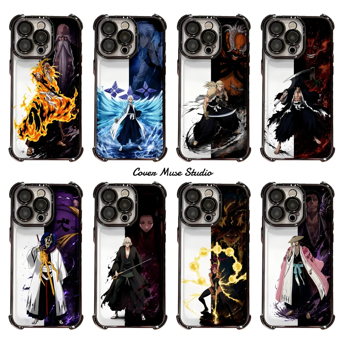 Anime Bleach TYBW Gotei 13 Captains Bankai Phone Case for iPhone 17 16 15 14 13 12 11 Pro Max, Shockproof 4-Corner Airbag Electroplated Hitsugaya Zaraki Kenpachi Cover
