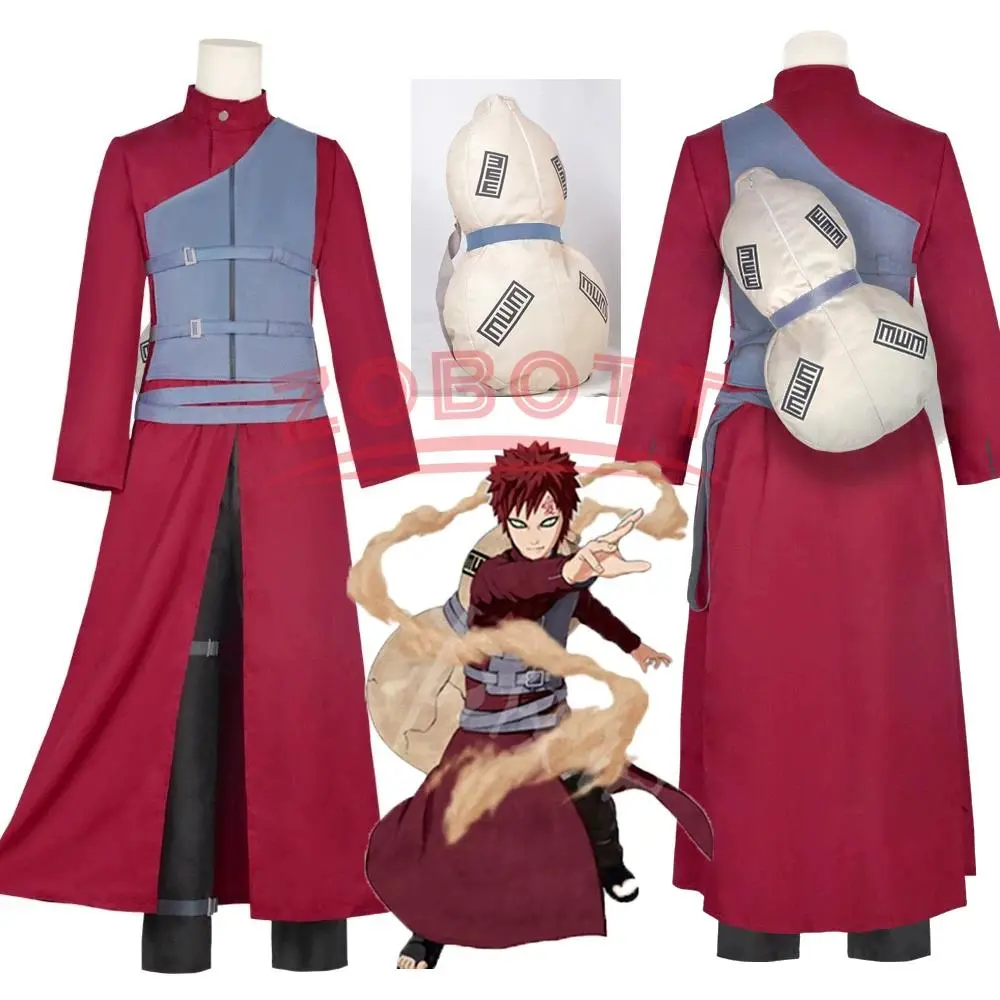 6PCS Sandstorm Gaara Cosplay Costume Bag Adult Men Long Coat Rose Uniform Gourd Full Set Accessory Suit Halloween Party Outfits