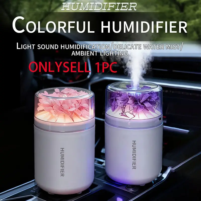 Portable Mini Car Humidifier, USB Mist Diffuser with Color Changing LED, Aesthetic Dried Flower Design, for Car, Bedroom, Office, Desktop, Usb Powered Humidifier