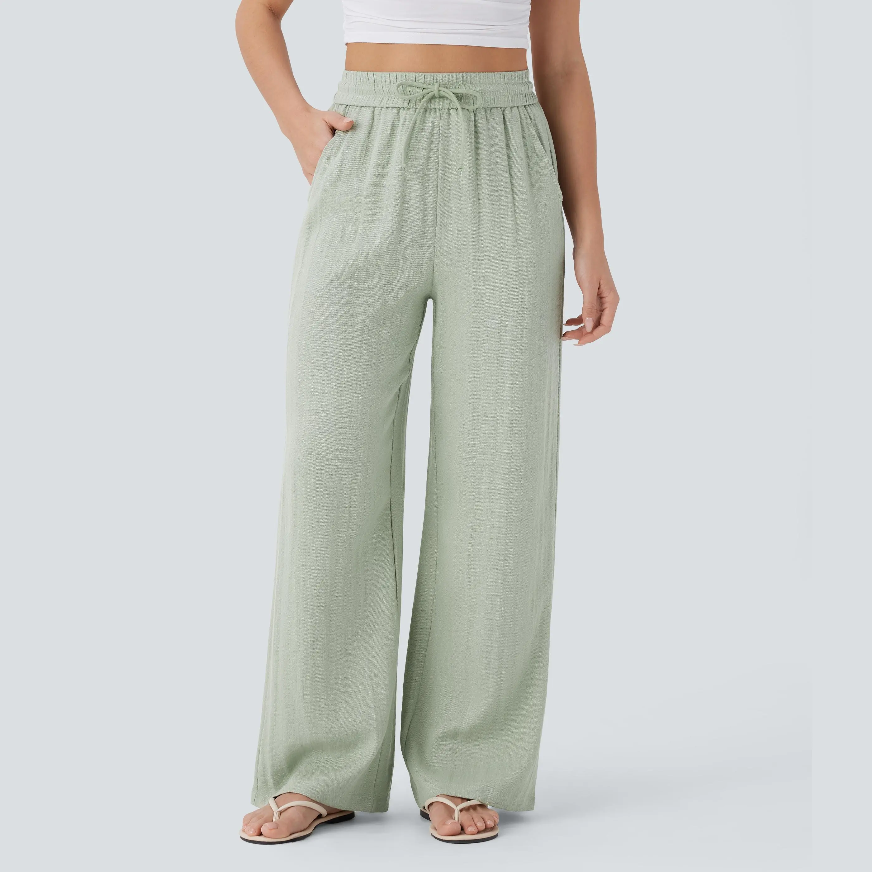 Halara High Waisted Drawstring Pocket Wide Leg Baggy Casual Linen-Feel Pants