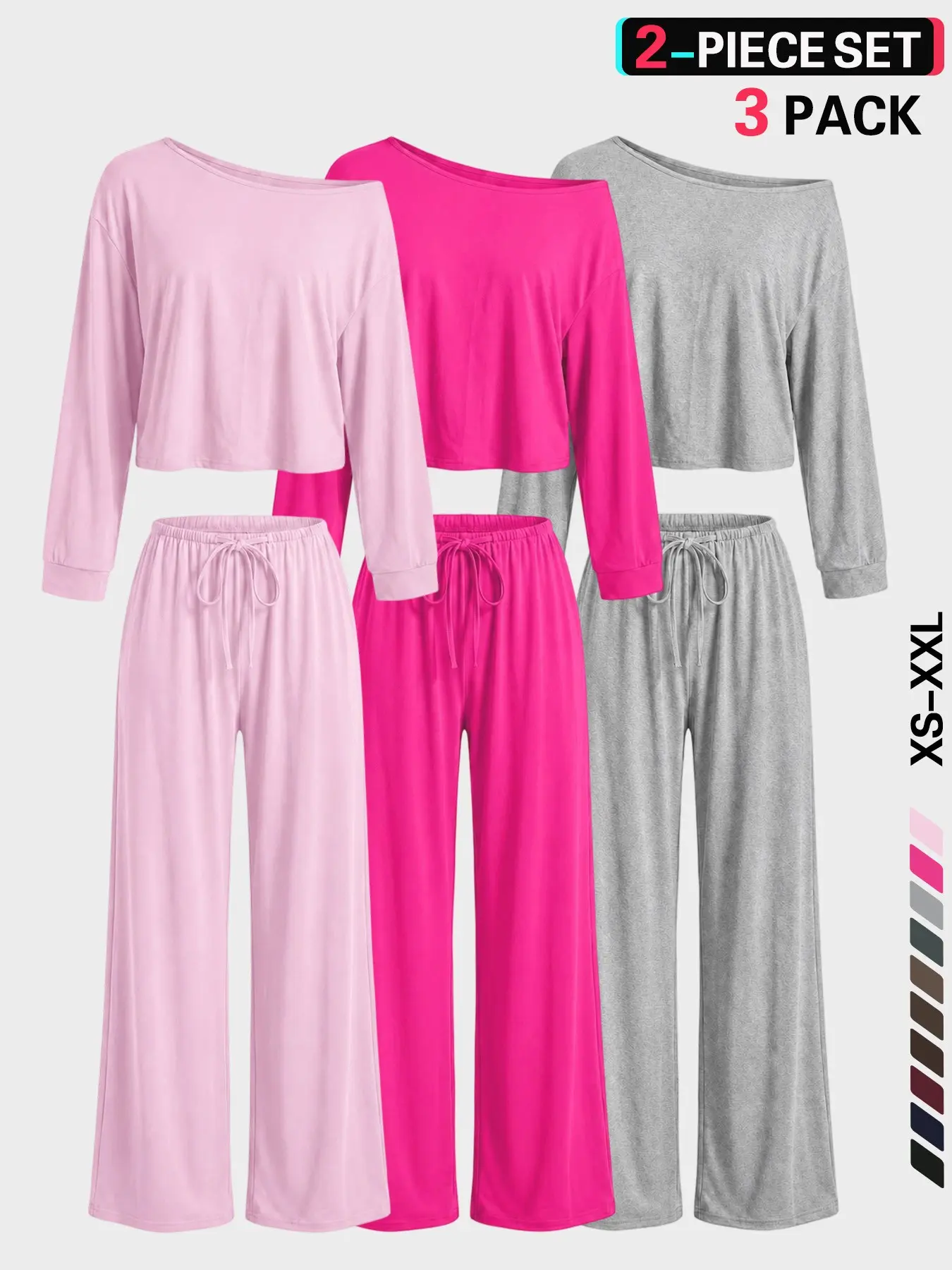 Two-Piece Set Women's Plain Crop Tee &Drawstring Waist Pants Loungewear Set, Casual Comfy Round Neck Long Sleeve Top & Trousers PJ Set, Ruched Drawstring Lounge Set，Slim Fit Homewear,Comfy Chic Women's Clothing, Pajamas
