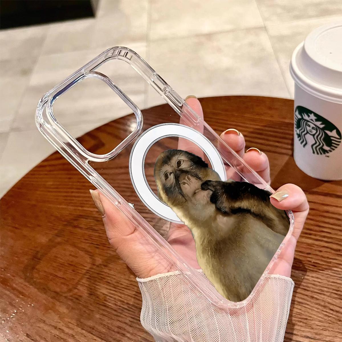 Cute Monkey Pattern Magnetic Transparent Shockproof Ultra-Thin Luxury iPhone X Xsmax 11 12 13 14 15 16 17 Pro Max Plus Air MagSafe Phone Case Cover