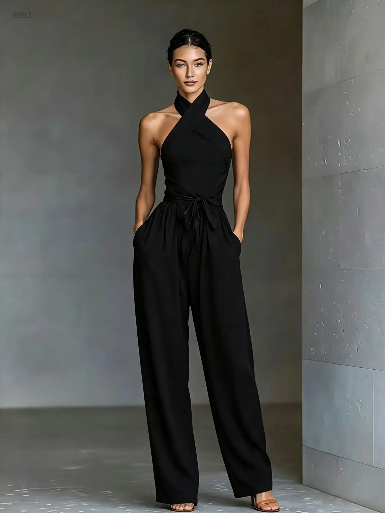 T8893 Summer Must-Have Cross Halter Jumpsuit, Active Fit Belted Waist Wide Leg with Pockets, Viral Outfit for Resort Dating & Travel.