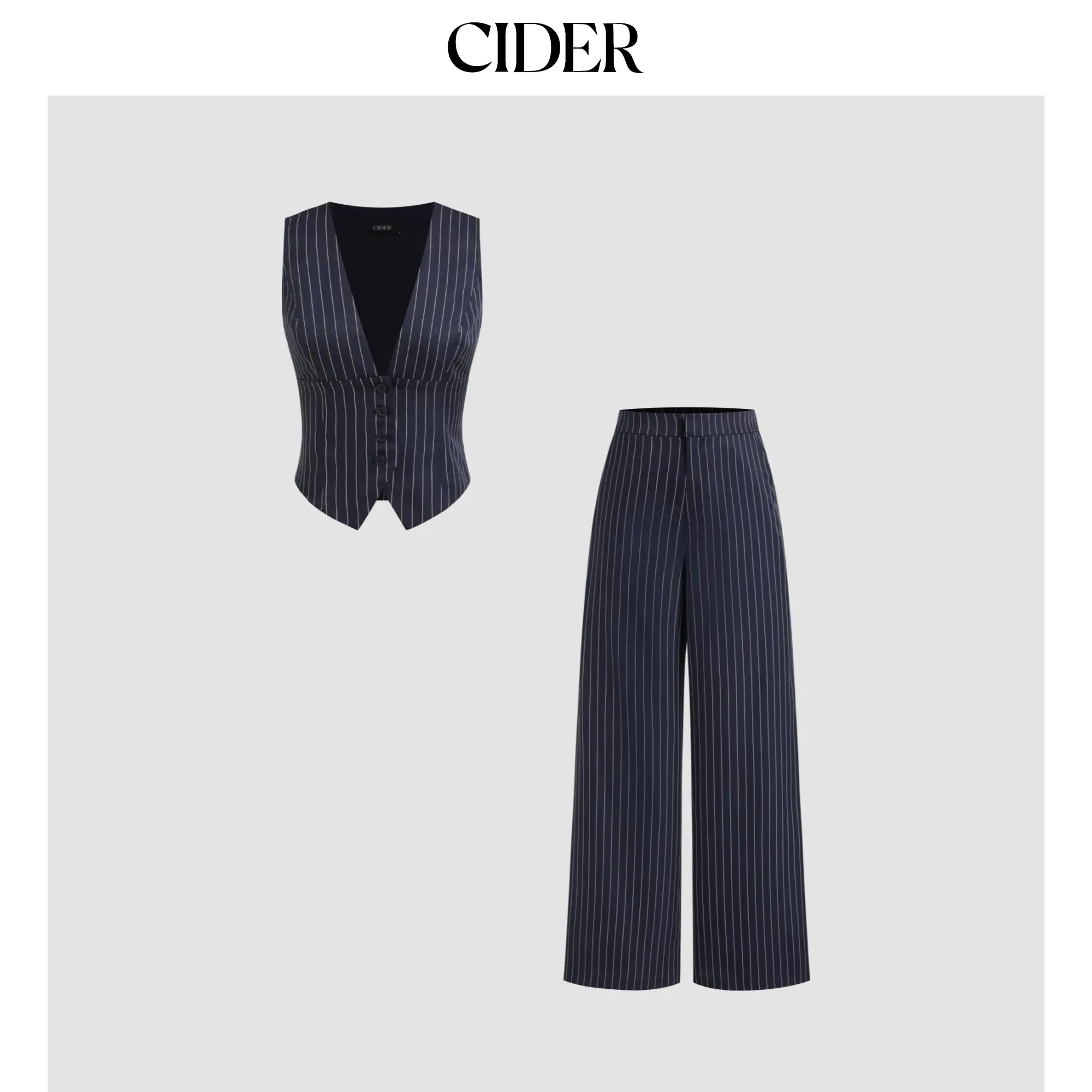 Cider V-neck Stripe Button Tank Top & Mid Rise Pocket Straight Leg Trousers Set SohoChic