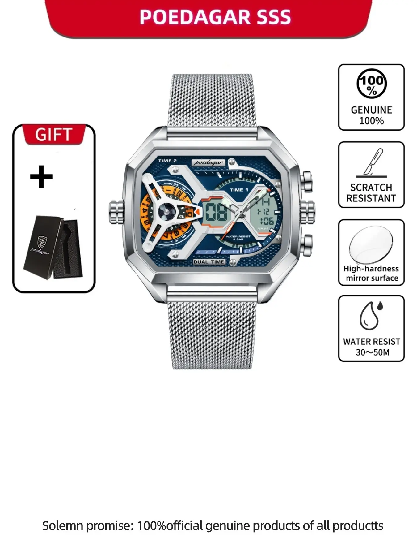 Men's Business Fashion Rectangle Dial Analog Digital Steel Quartz Watch, Casual Trendy Wristwatch, Fashionable Stylish Watch for Daily & Business Decoration As Gift with Box