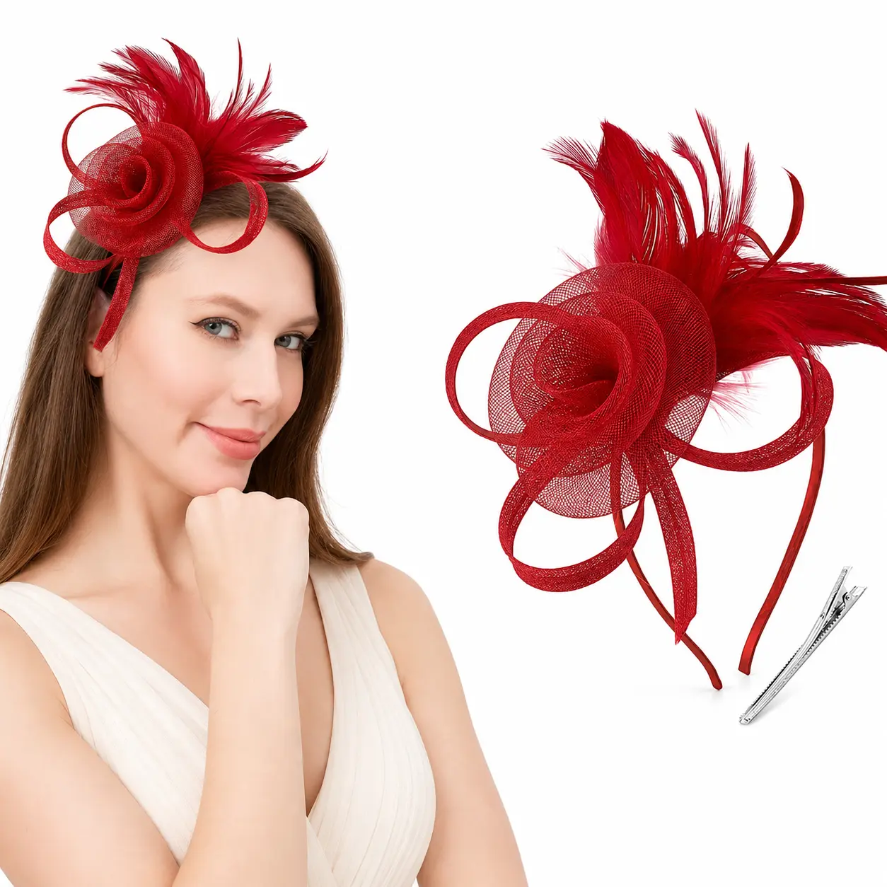 Women’s Feather Fascinator Headband with Flower and Mesh, Vintage Tea Party Hat for Wedding, Church, Cocktail Party and Kentucky Derby