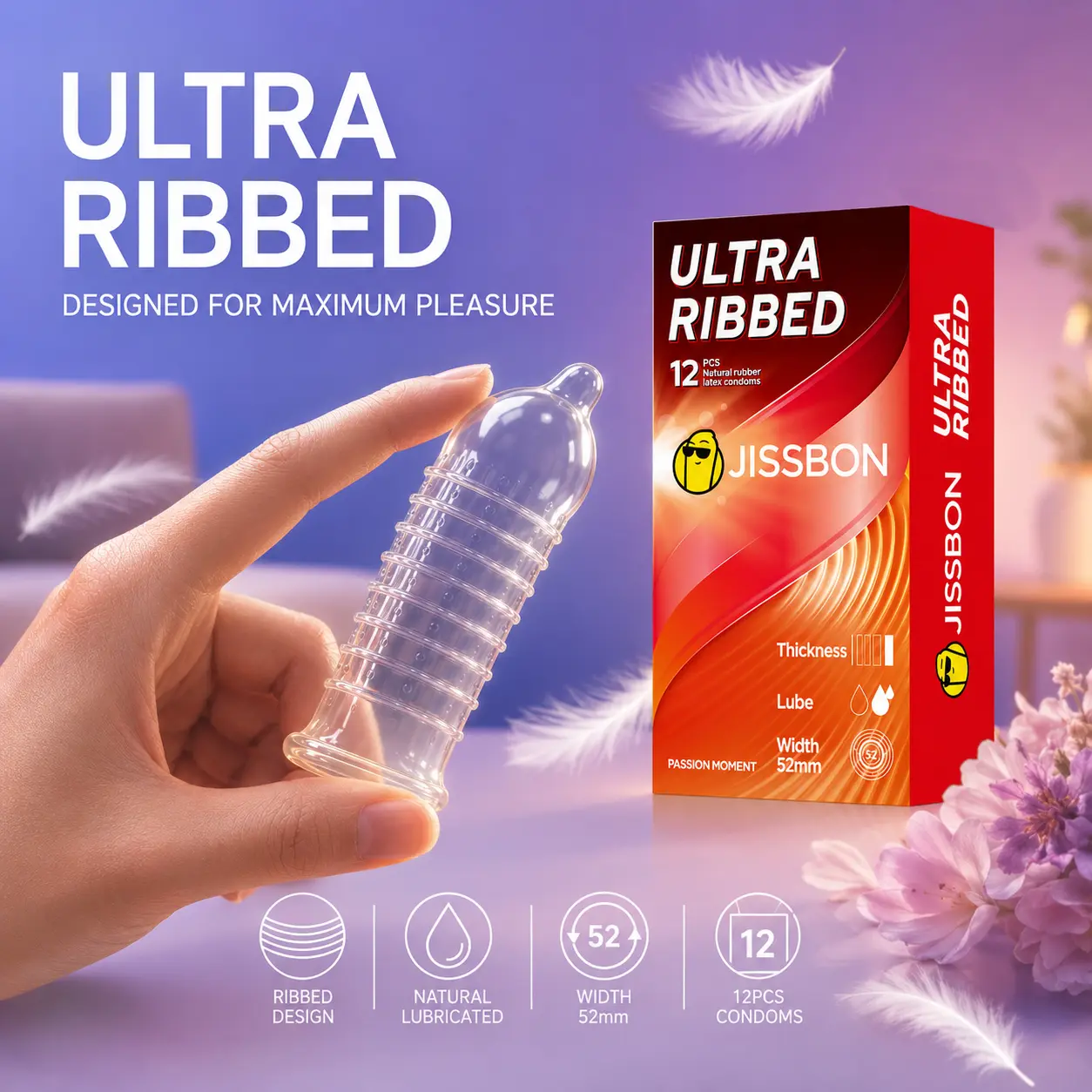JISSBON   condoms for men   52mm Ribbed Condoms Lubricated Natural Latex 3D Rib Design Intense Stimulation Double Pleasure for Adult Couples Intimate Physical Experience Enhancement