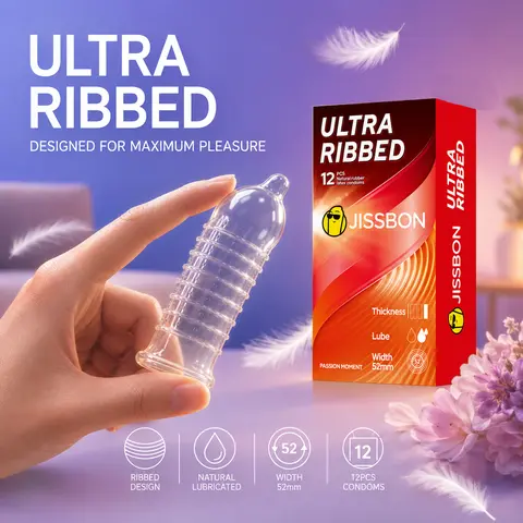JISSBON   condoms for men   52mm Ribbed Condoms Lubricated Natural Latex 3D Rib Design Intense Stimulation Double Pleasure for Adult Couples Intimate Physical Experience Enhancement