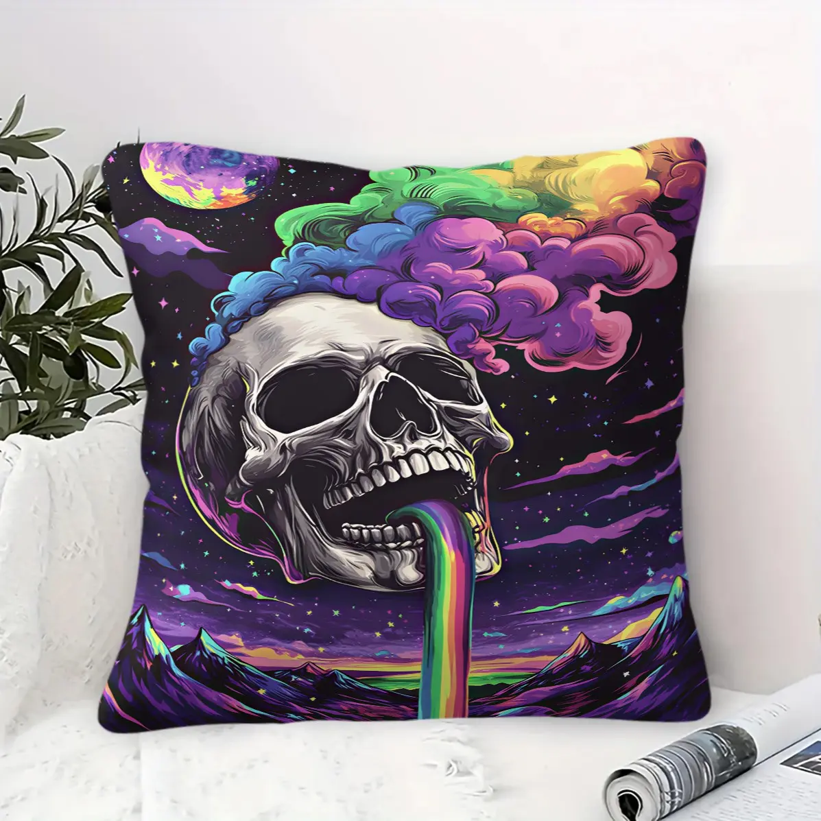 45x45cmVintage Print Skull Art Pillow, Machine Washable, Trendy Print, Plump & Soft Filling, Decorative Cushion for Home Sofa (With Pillow Insert)
