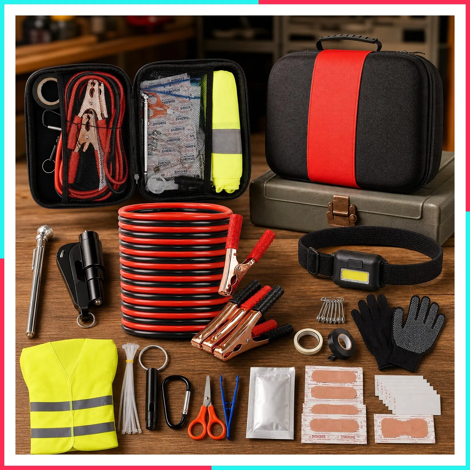 Car Roadside Emergency Kit, Portable Car Safety Kit, Black
