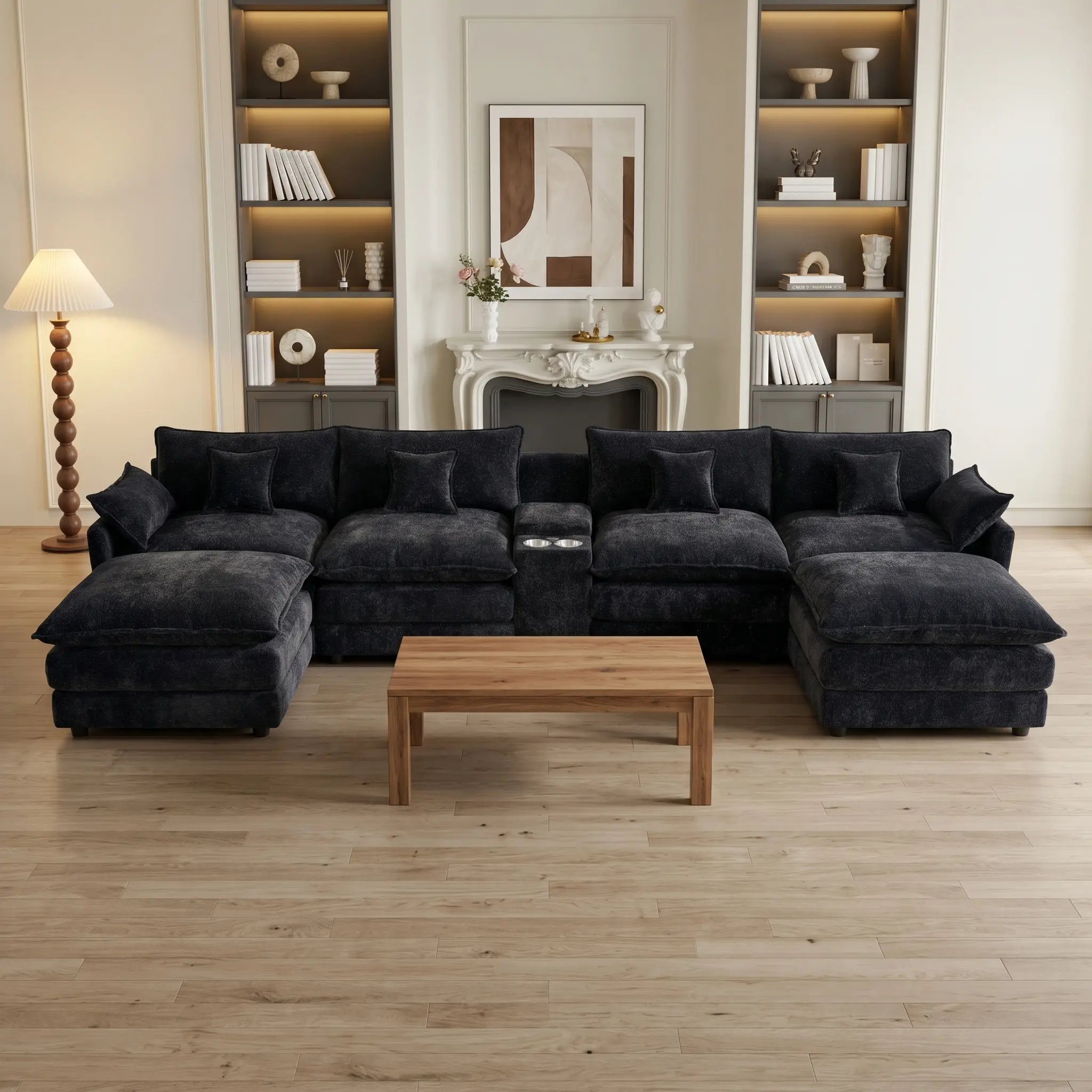 ARCH Oversized U-Shaped Cloud Chenille Couch - 6-Seat Modular Set with Console USB Port, Star-Black Fluffy Living Room Furniture, Pillow Arms, Pillow Back, Medium-Soft Foam, 141x63x33"