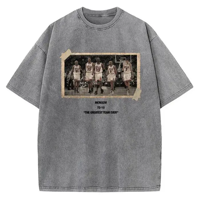 Men's 1996 Chicago Squad Vintage Photo Washed Cotton Crewneck Short-Sleeve T-Shirt - 72-10 Greatest Team Ever, Casual Menswear Spring Top, Shortsleeve