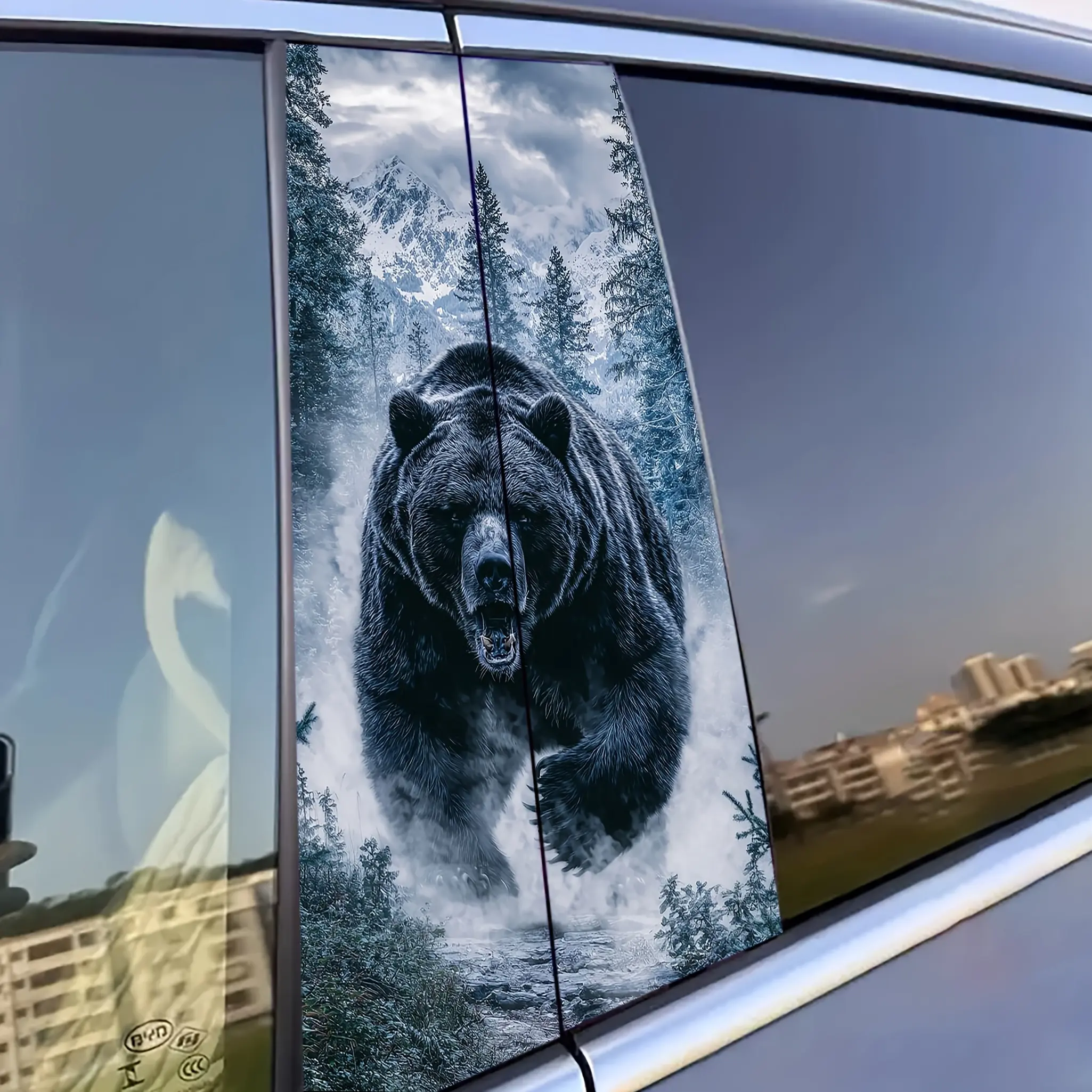 2pcs Set - Forest Fierce Bear Vinyl Car Sticker - Natural Wild Style - Durable Vinyl Protective Film, Suitable for Exterior B-Pillar Accessories, Semi-Matte Finish, Self-Adhesive, Single Use, Compatible with Metal Surfaces