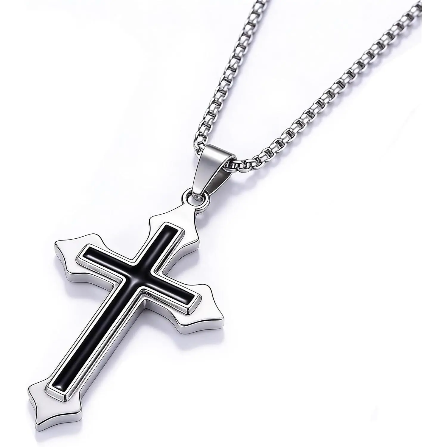 Stainless Steel Black Inlay Cross Pendant Necklace, Classic Religious Hip‑Hop Chain Necklace, Trendy Faith Jewelry Gift for Men