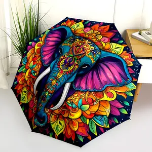 1 PC Automatic Folding Umbrella - Colorful Elephant Mandala Artwork Pattern, Portable & Foldable Design with 8 Ribs, Merry Christmas Pattern,Casual Outdoor Accessory Halloween and Christmas Birthday Gifts. G00174