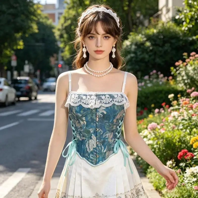 Women's Turquoise Vintage Jacquard Lace Sleeveless Corset Top - Adjustable Strap, Lace Up Back Tie Bustier, Matching Skirts Compatible, Premium Soft Fabric Shapewear, Floral Retro Casual, Cold Wash Do Not Bleach