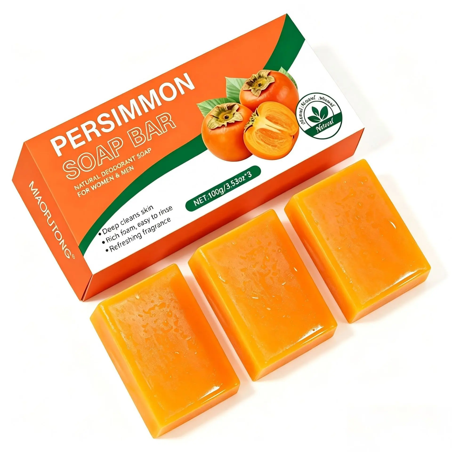 3-Piece Handmade Soap Set, Persimmon Fruit Scent, Deep Cleansing Face & Bath, Moisturizing, Gentle, Suitable for All Skin Types, Travel-Friendly, Gift-Ready