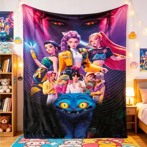 K-Pop Devil Hunter Anime Flannel Blanket, Soft Cozy Plush Throw for Adults Kids, Sofa Bed Office Camping Travel Room Decor Fan Gift