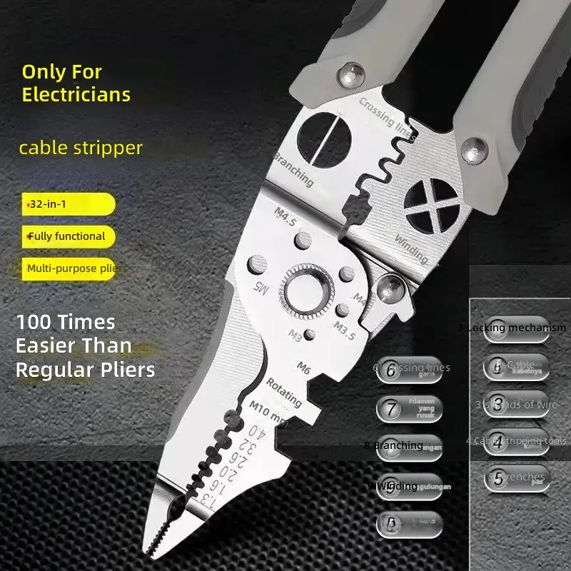 Multifunctional Electrician Wire Stripper Pliers, All-In-One Cable Stripping Cutting Crimping Tool